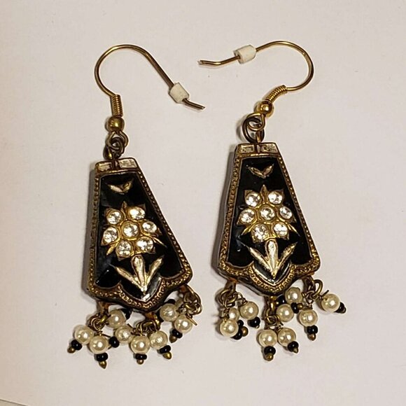 Vintage Paper Mache Pearls Jewelry Earrings Dangle Black Enamel Glass Crystals - Picture 2 of 6